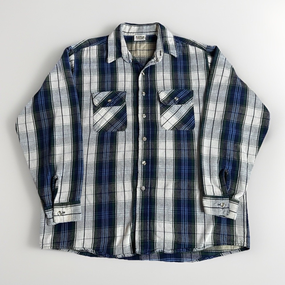 Vintage Five Brother Flannel Shirt Mens XL Blue Plaid Button Down Heavy Cotton